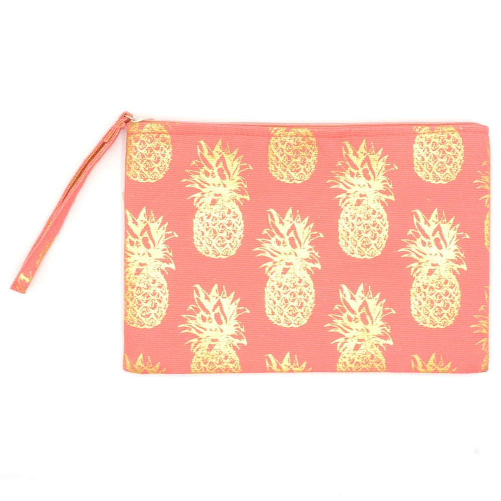 Metallic Pineapple Print Canvas Travel Pouch Wristlet