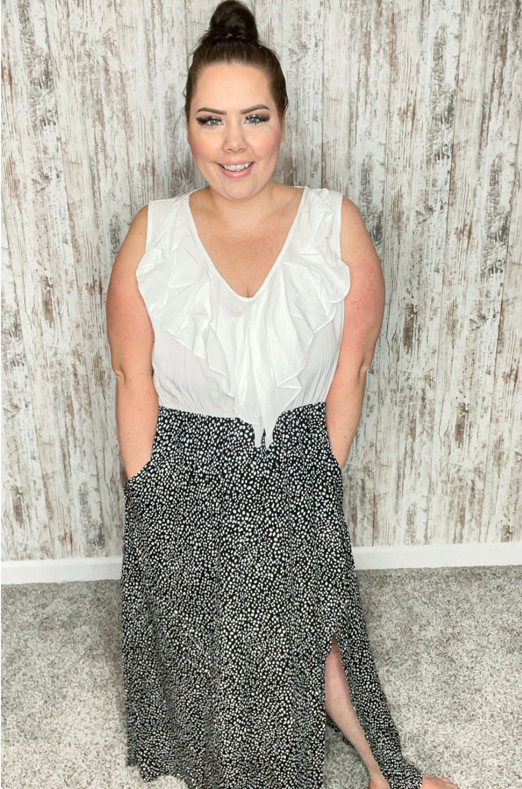RUFFLE SLEEVELESS TWO FER LEOPARD FRONT SLIT MAXI DRESS