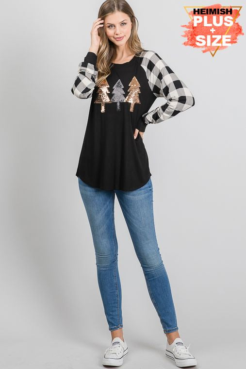PLUS SOLID AND PLAID TOP WITH CHRISTMAS TREE