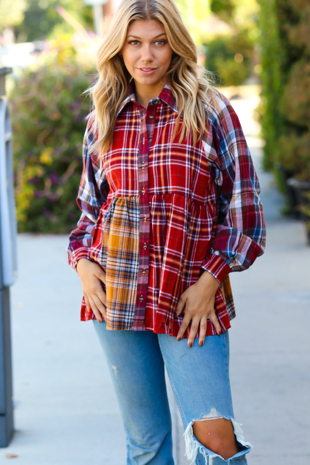 Terracotta & Mustard Plaid Color Block Babydoll Top