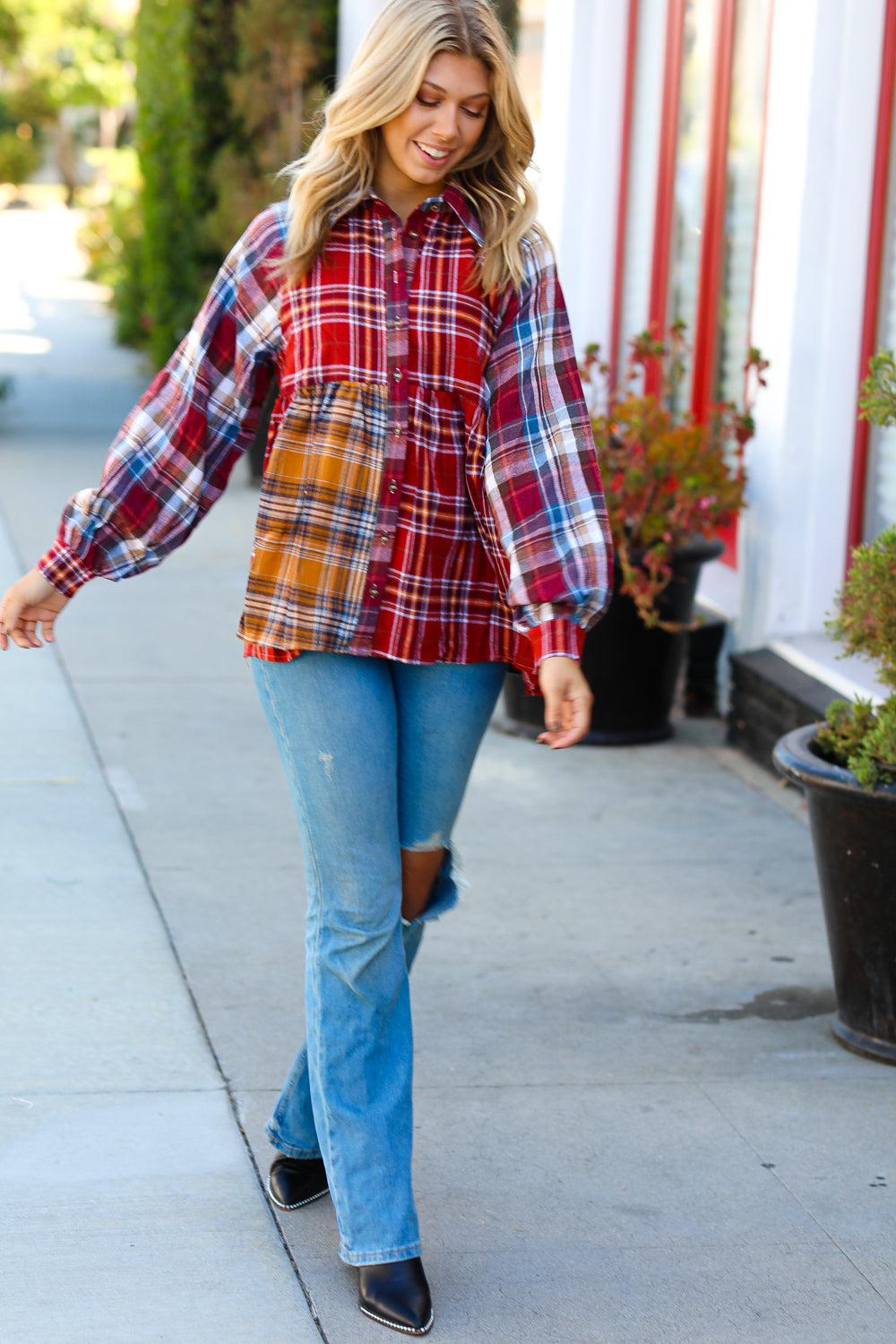 Terracotta & Mustard Plaid Color Block Babydoll Top