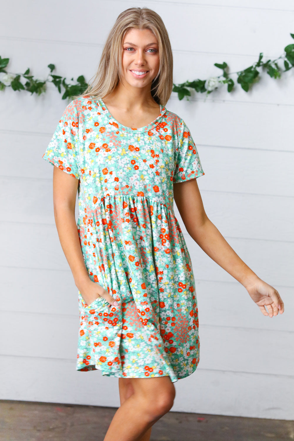 Mint & Coral Floral Babydoll Fit and Flare Dress