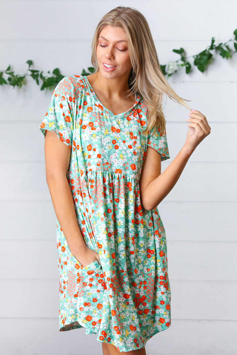 Mint & Coral Floral Babydoll Fit and Flare Dress