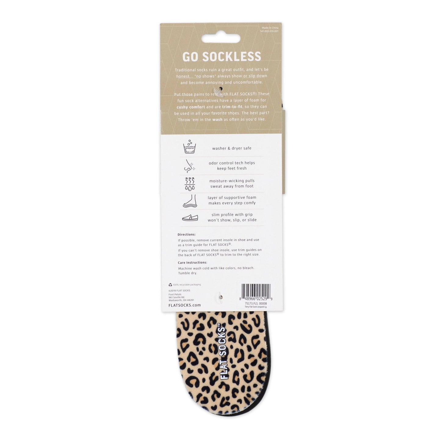 Leopard Print FLAT SOCKS: Small (up to Women's 11, Men's 10)