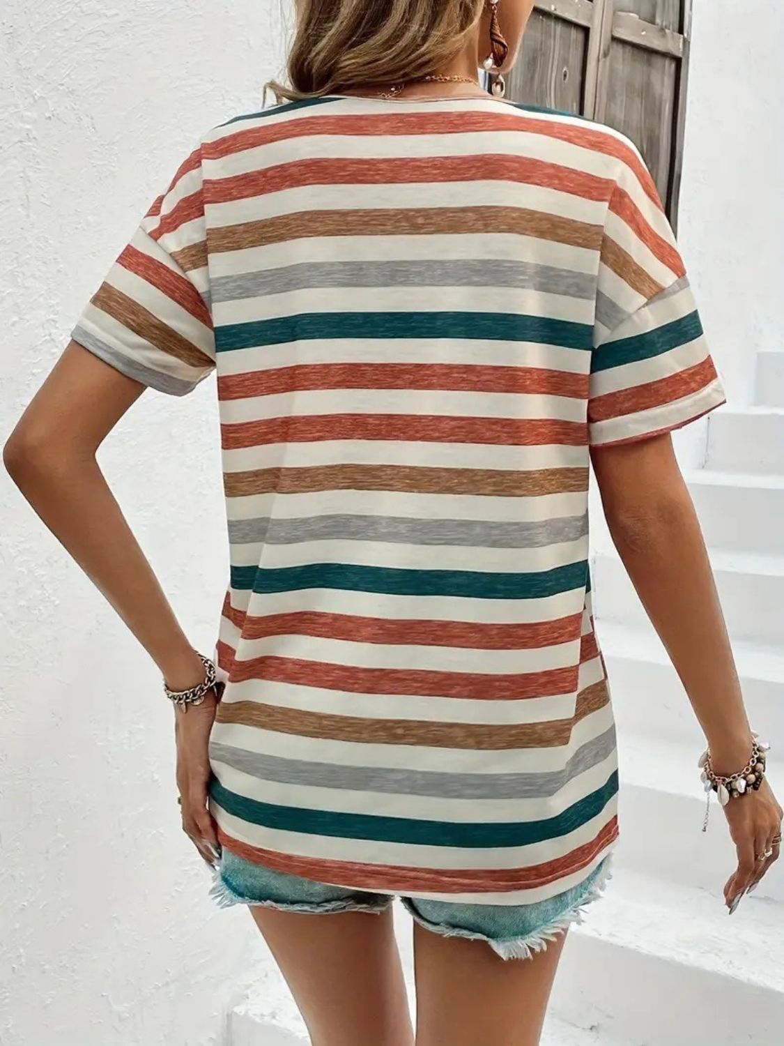 Striped Round Neck Short Sleeve T-Shirt