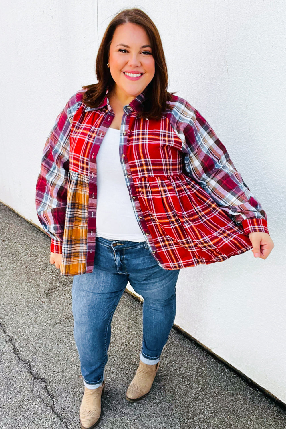 Terracotta & Mustard Plaid Color Block Babydoll Top