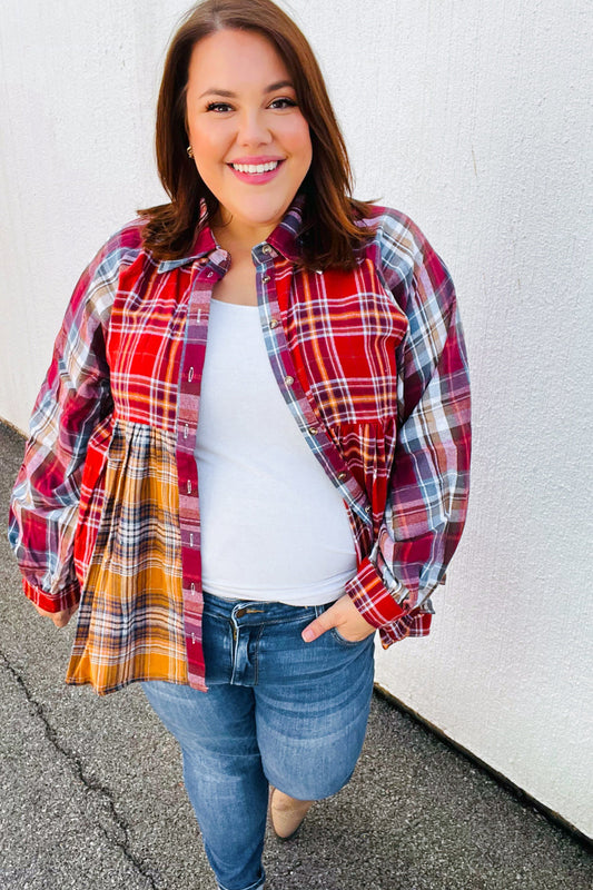 Terracotta & Mustard Plaid Color Block Babydoll Top