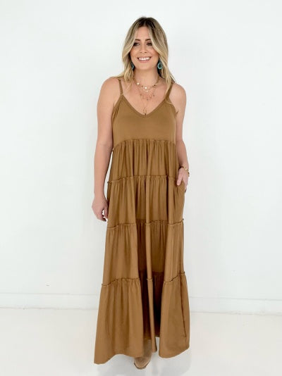 New Colors - Zenana V-Neck Cami Maxi Tiered Dress with Side Pockets