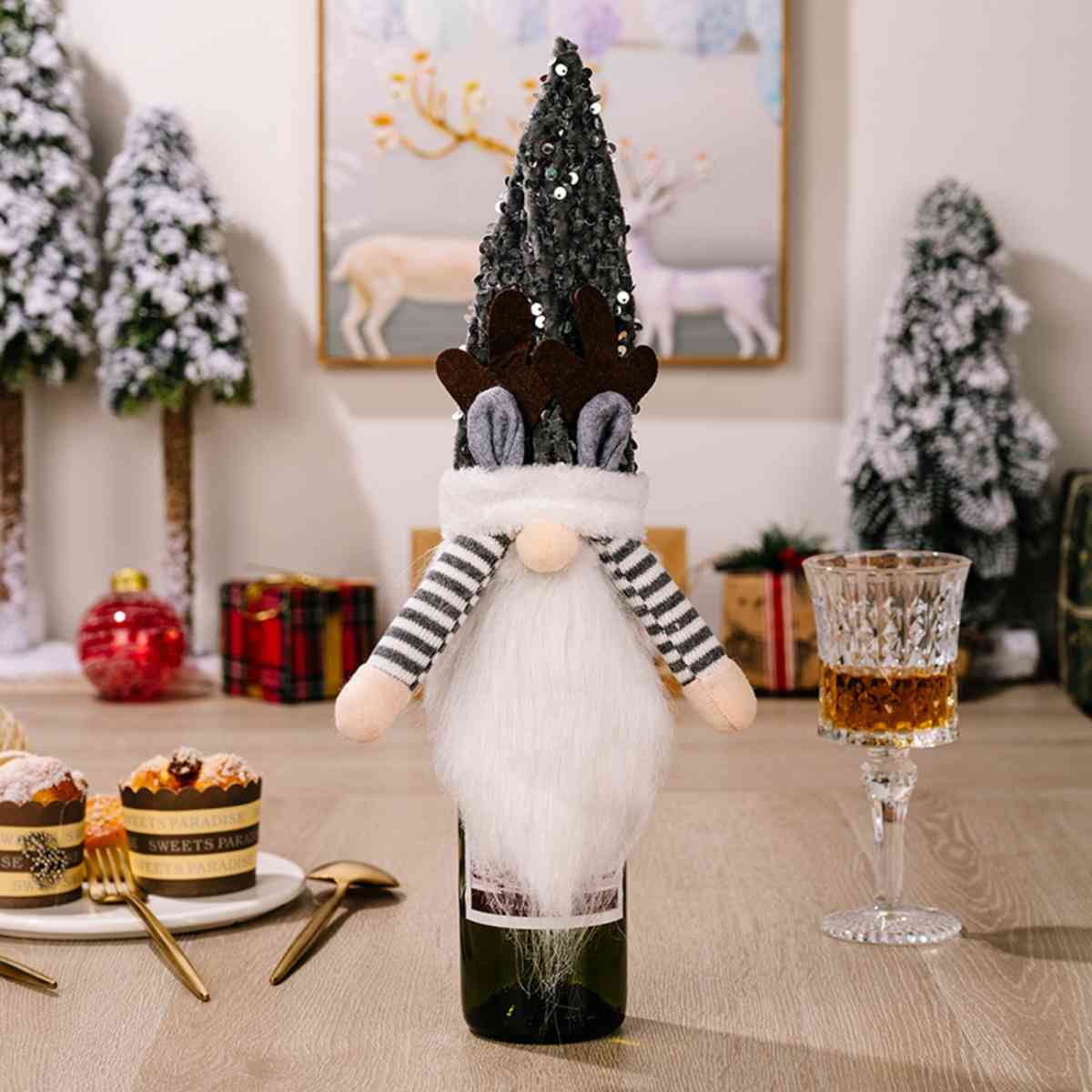 Sequin Pointed Hat Faceless Gnome Wine Bottle Cover