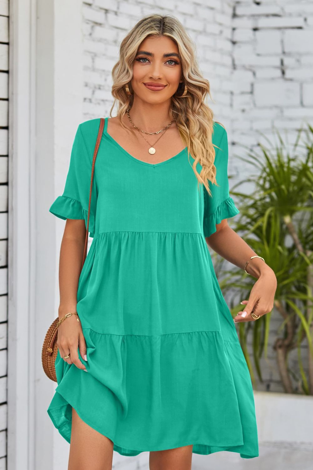 V-Neck Flounce Sleeve Tiered Dress