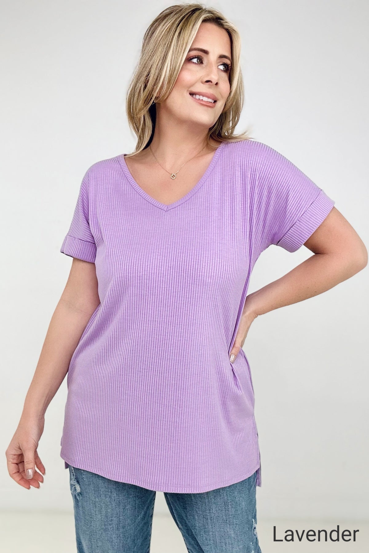 Zenana "Simply Spring" Ribbed V-Neck High-Low Hem Top with Side Slits