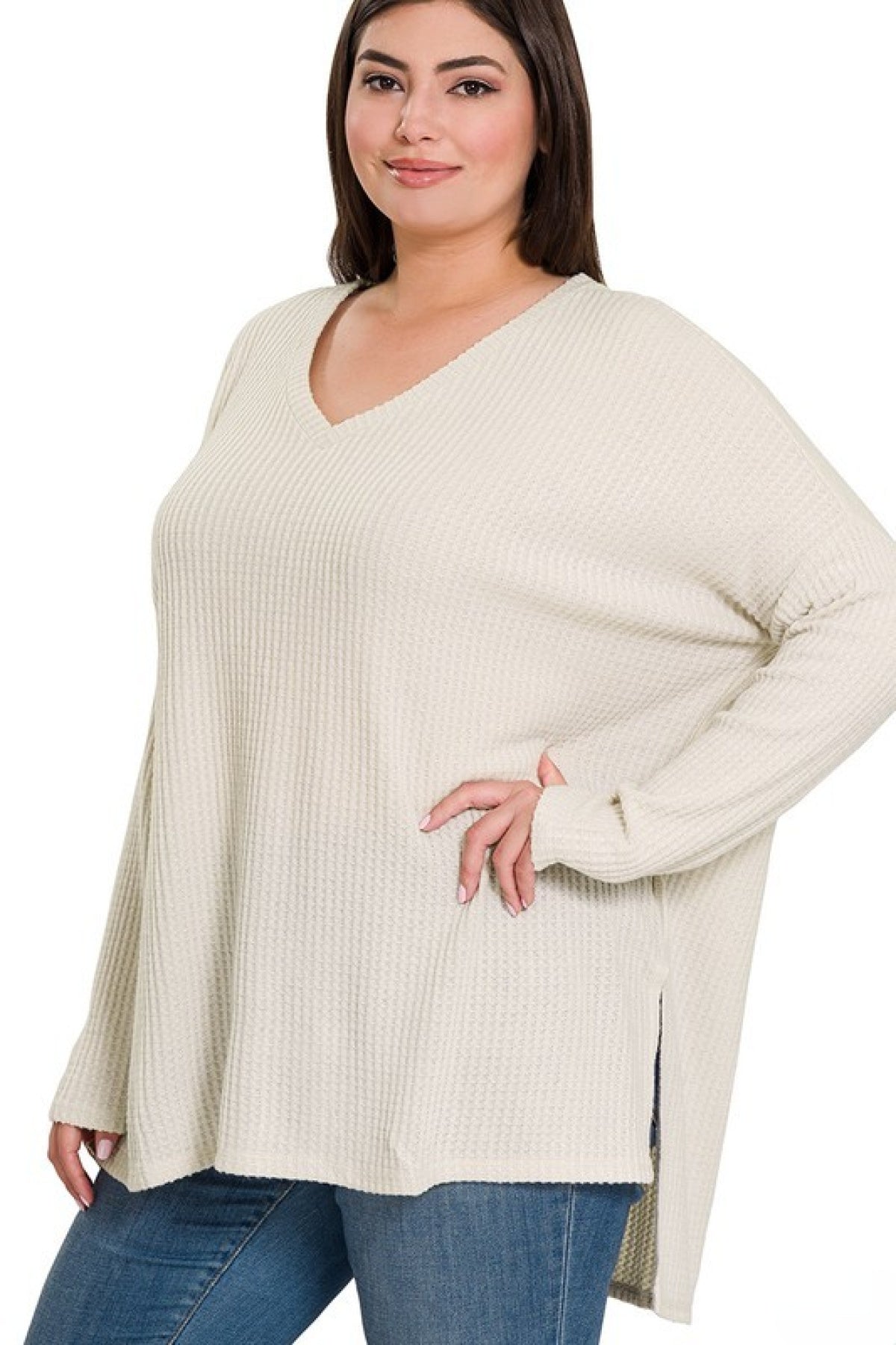 Zenana Plus Brushed Thermal Waffle V-Neck Sweater