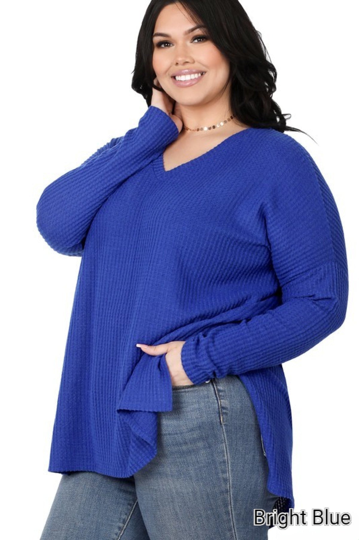 Zenana Plus Brushed Thermal Waffle V-Neck Sweater