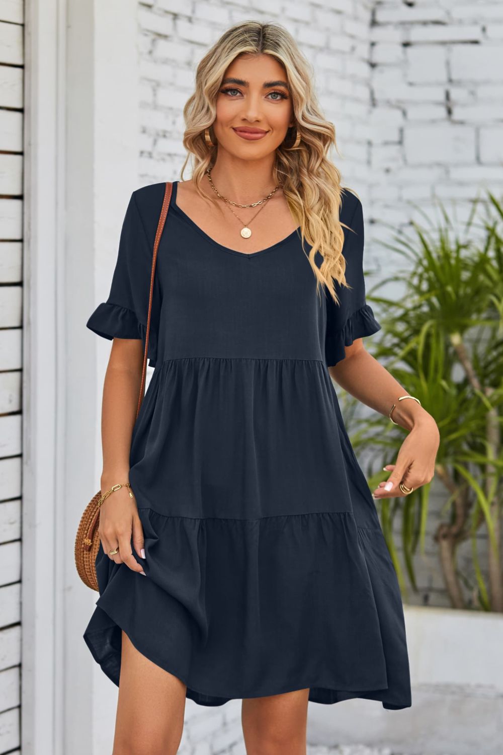 V-Neck Flounce Sleeve Tiered Dress