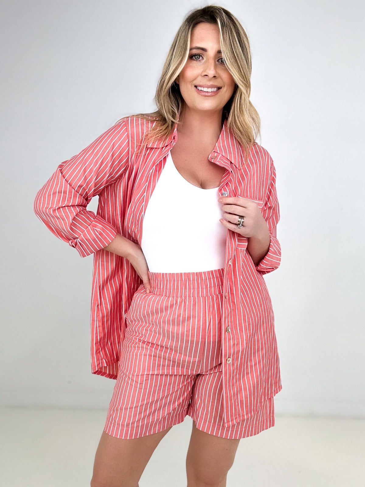 Zenana Striped Button Down Long Sleeve Shirt and Shorts Set