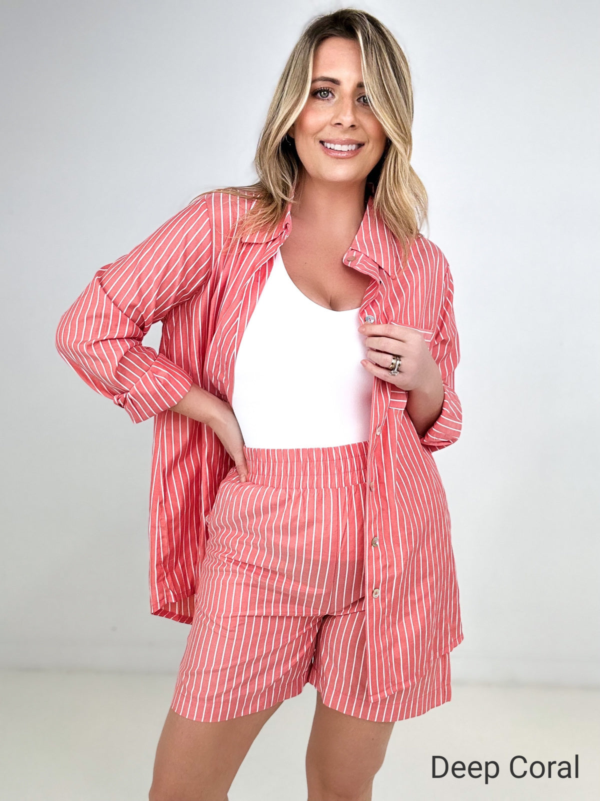 Zenana Striped Button Down Long Sleeve Shirt and Shorts Set