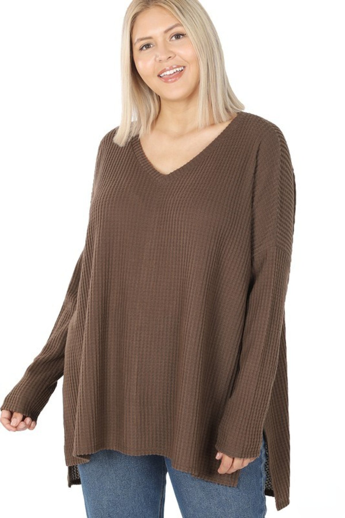 Zenana Plus Brushed Thermal Waffle V-Neck Sweater