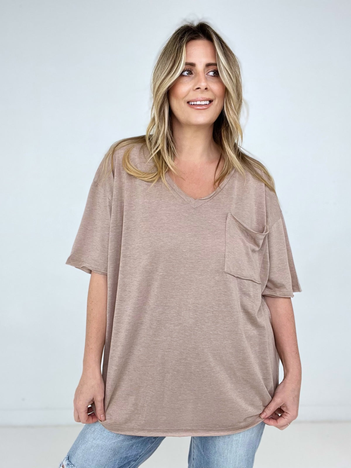 Zenana "Allie" Tri Blend Oversized Front Pocket Boyfriend Tee