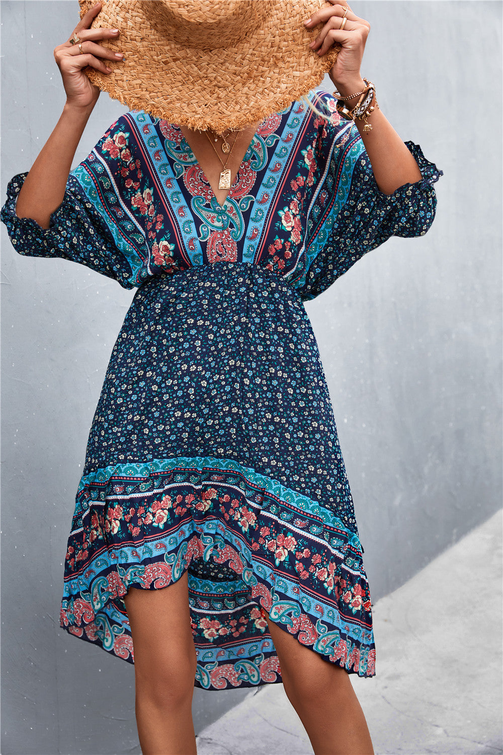 Printed Bohemian V Neck Dress