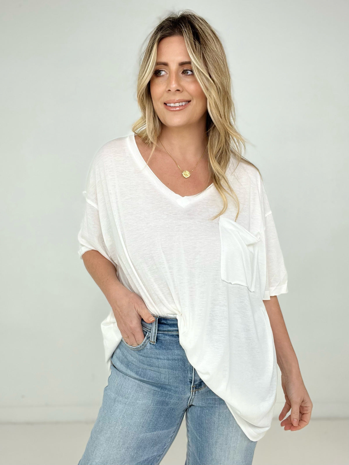 Zenana "Allie" Tri Blend Oversized Front Pocket Boyfriend Tee