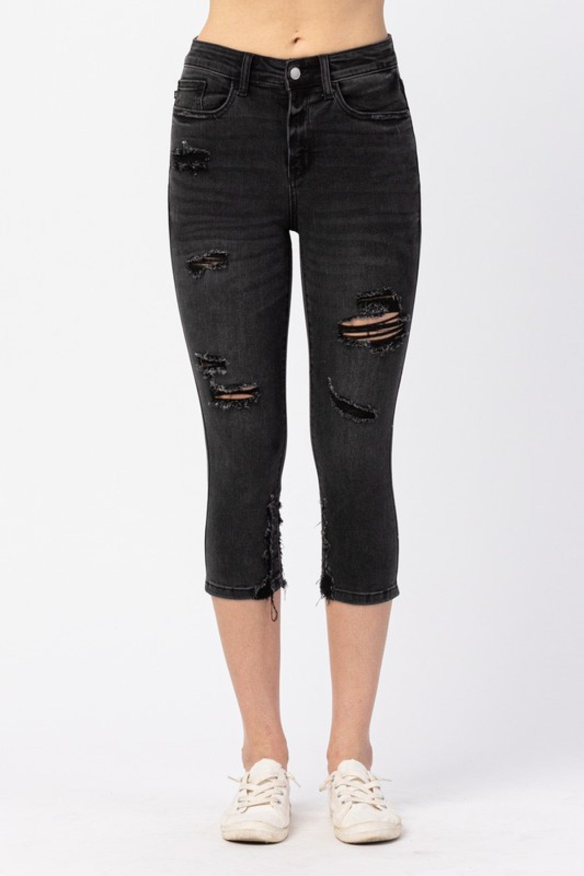 Judy Blue High Waist Black Distressed Skinny Capri