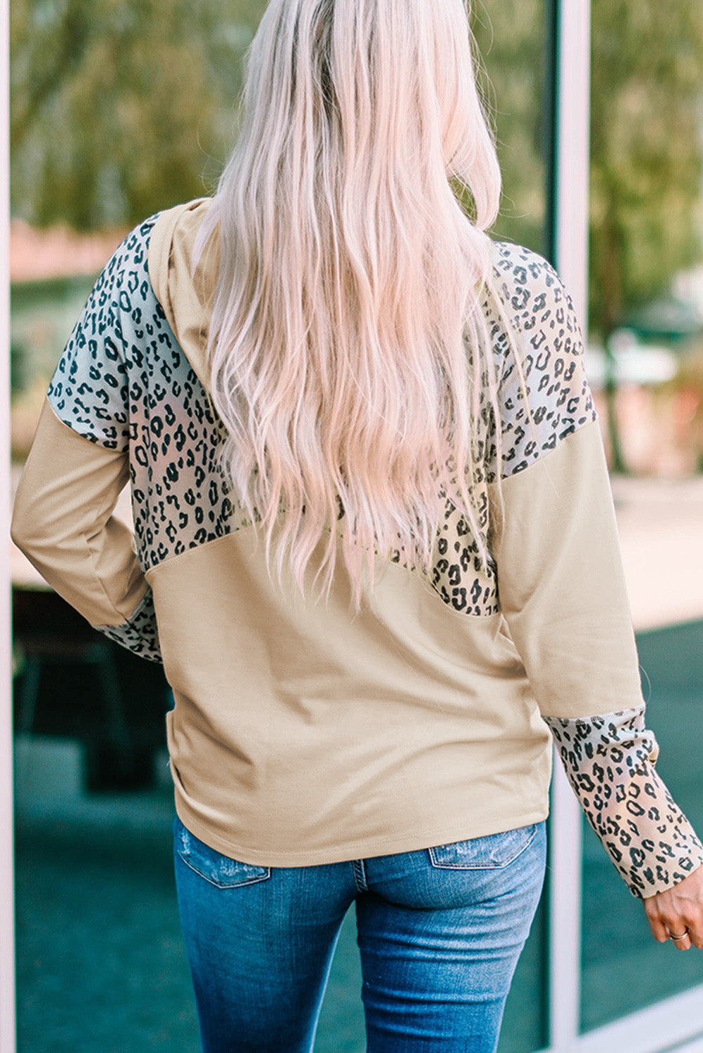 Leopard Color Block Buttoned Drawstring Detail Hoodie