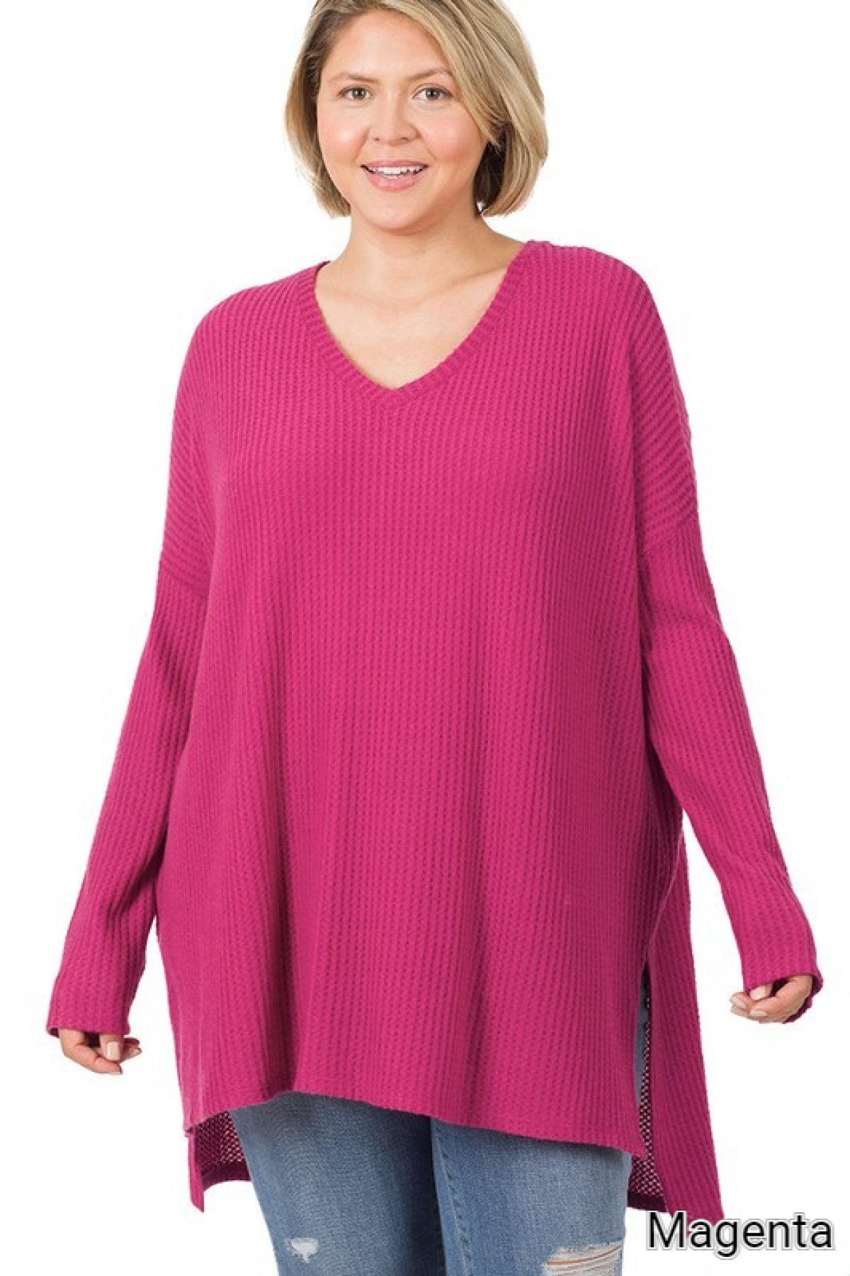 Zenana Plus Brushed Thermal Waffle V-Neck Sweater