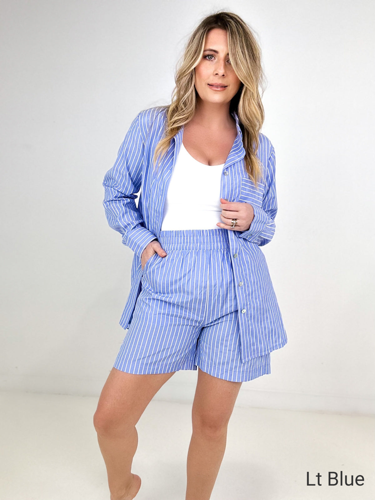 Zenana Striped Button Down Long Sleeve Shirt and Shorts Set