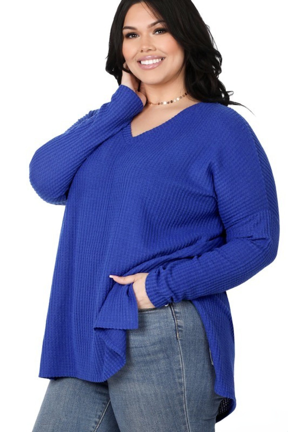 Zenana Plus Brushed Thermal Waffle V-Neck Sweater