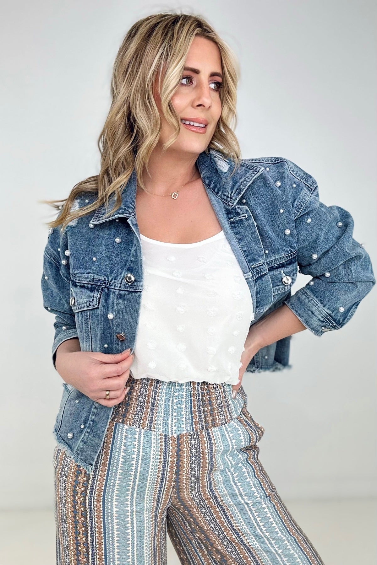 Pearl Embellished Ripped Button Down Denim Jacket