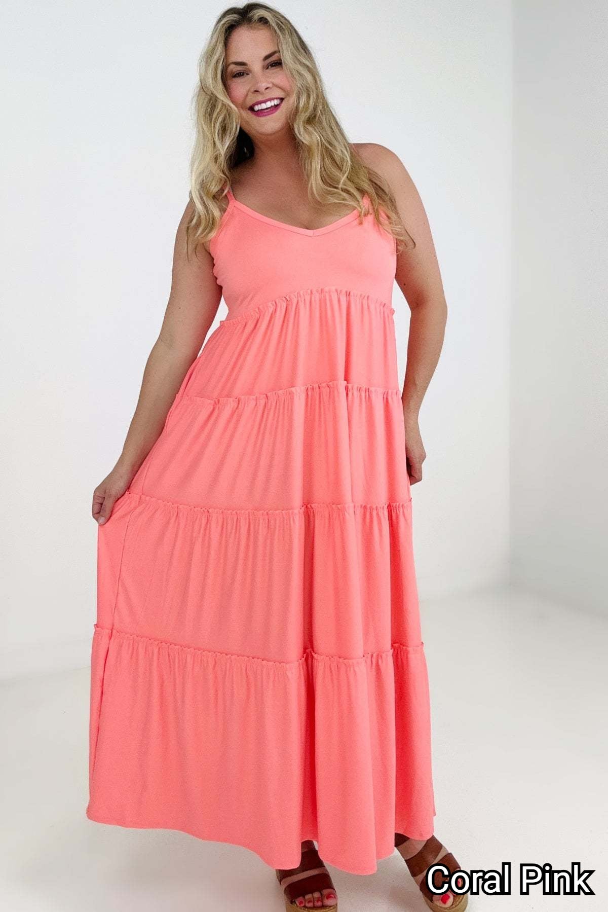 New Colors - Zenana V-Neck Cami Maxi Tiered Dress with Side Pockets