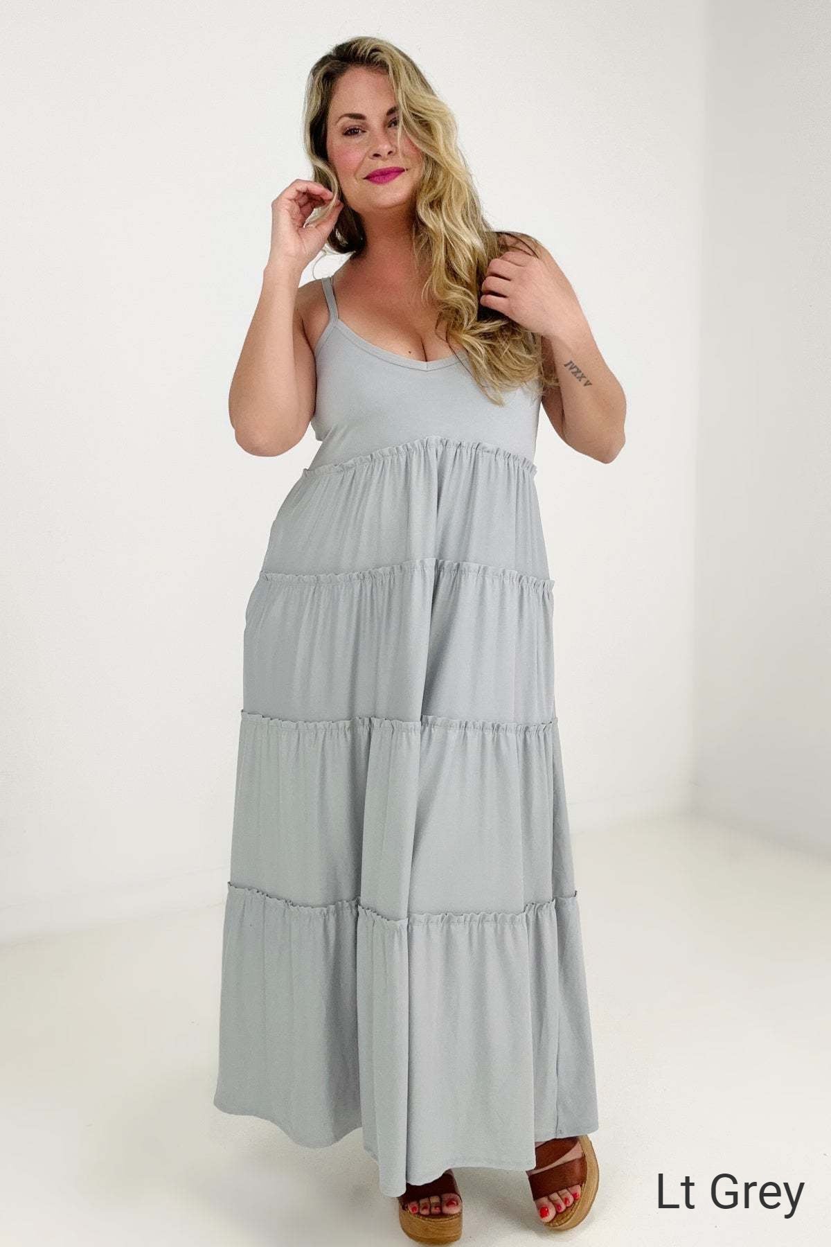 New Colors - Zenana V-Neck Cami Maxi Tiered Dress with Side Pockets