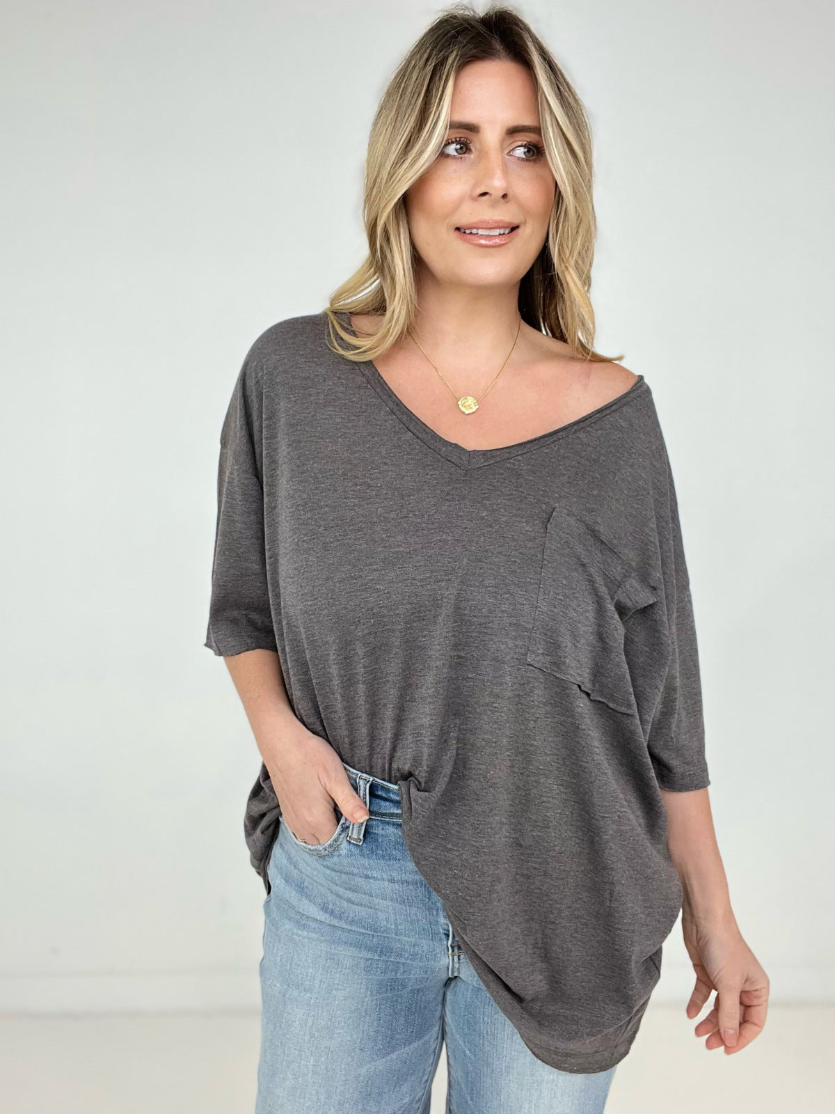 Zenana "Allie" Tri Blend Oversized Front Pocket Boyfriend Tee