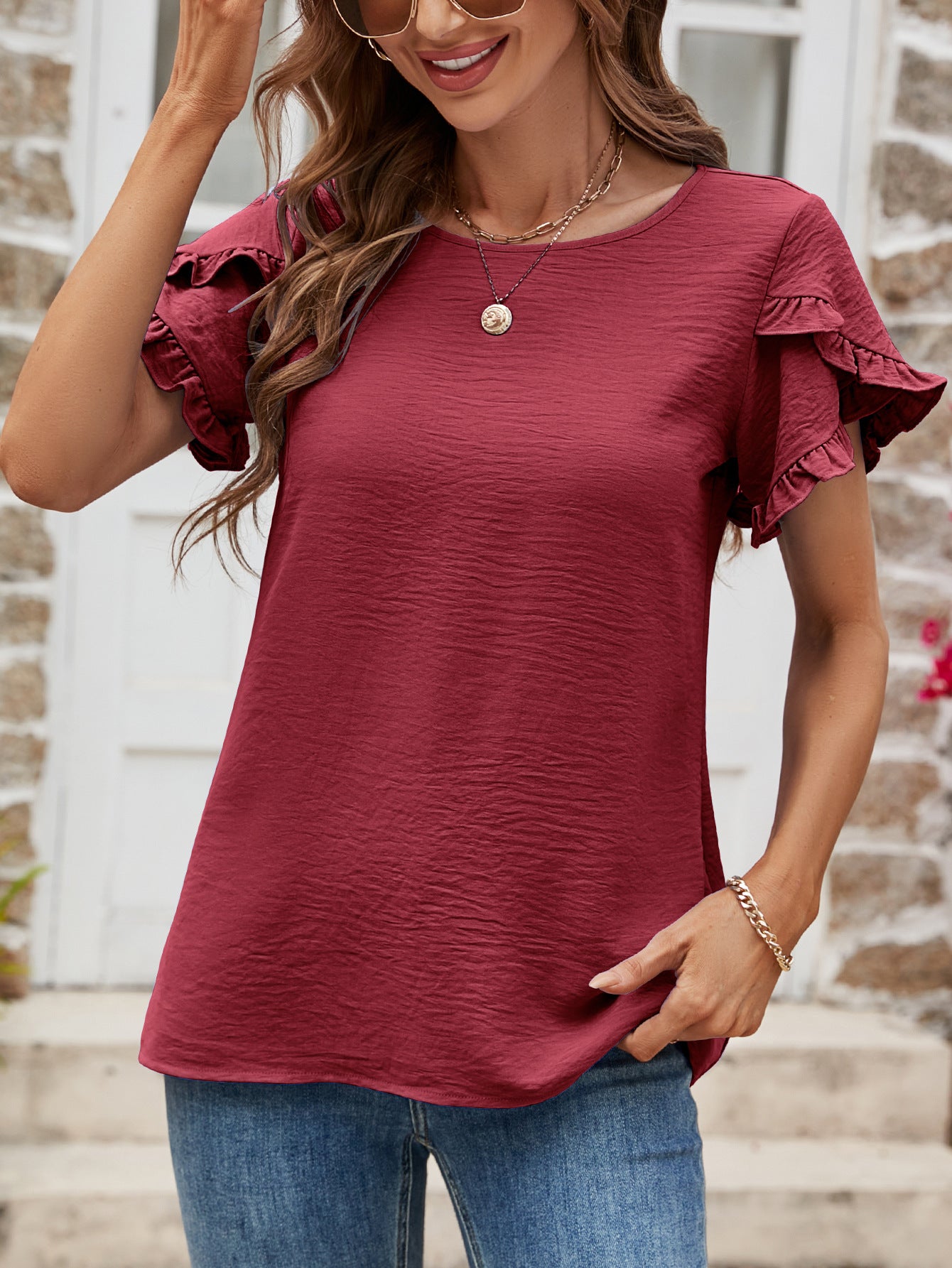 Textured Petal Sleeve Round Neck Tee