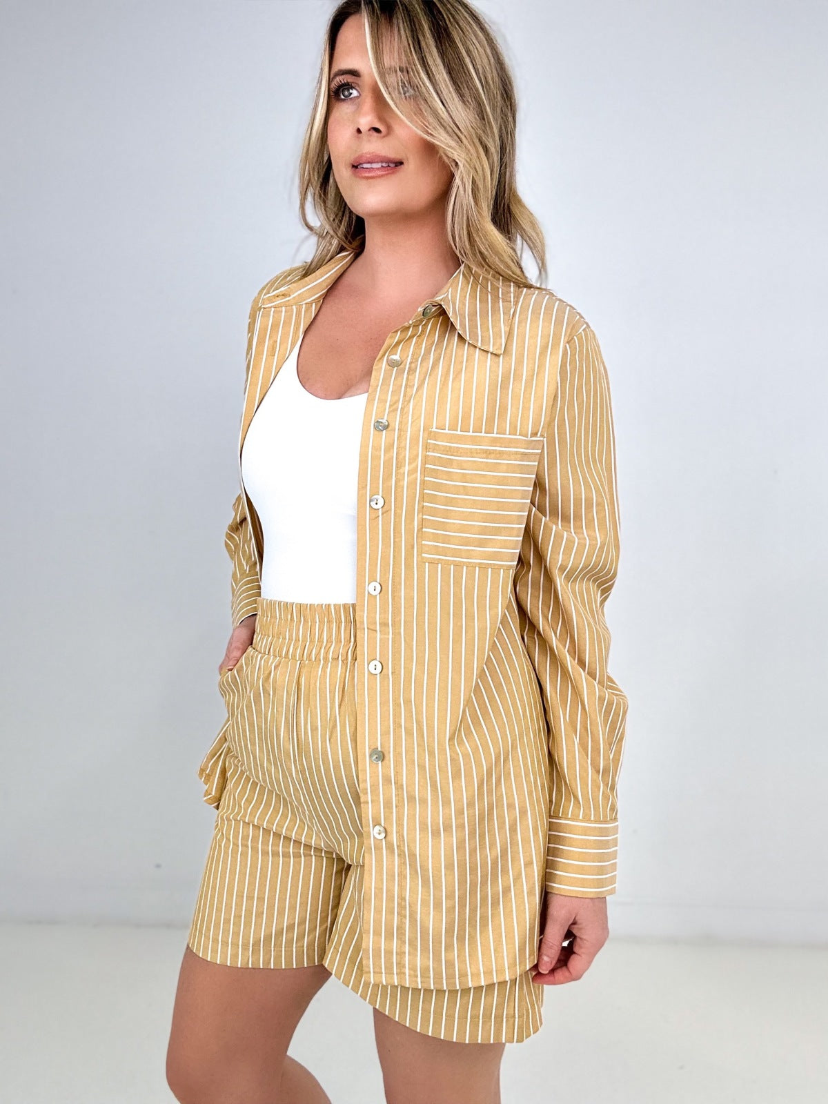 Zenana Striped Button Down Long Sleeve Shirt and Shorts Set