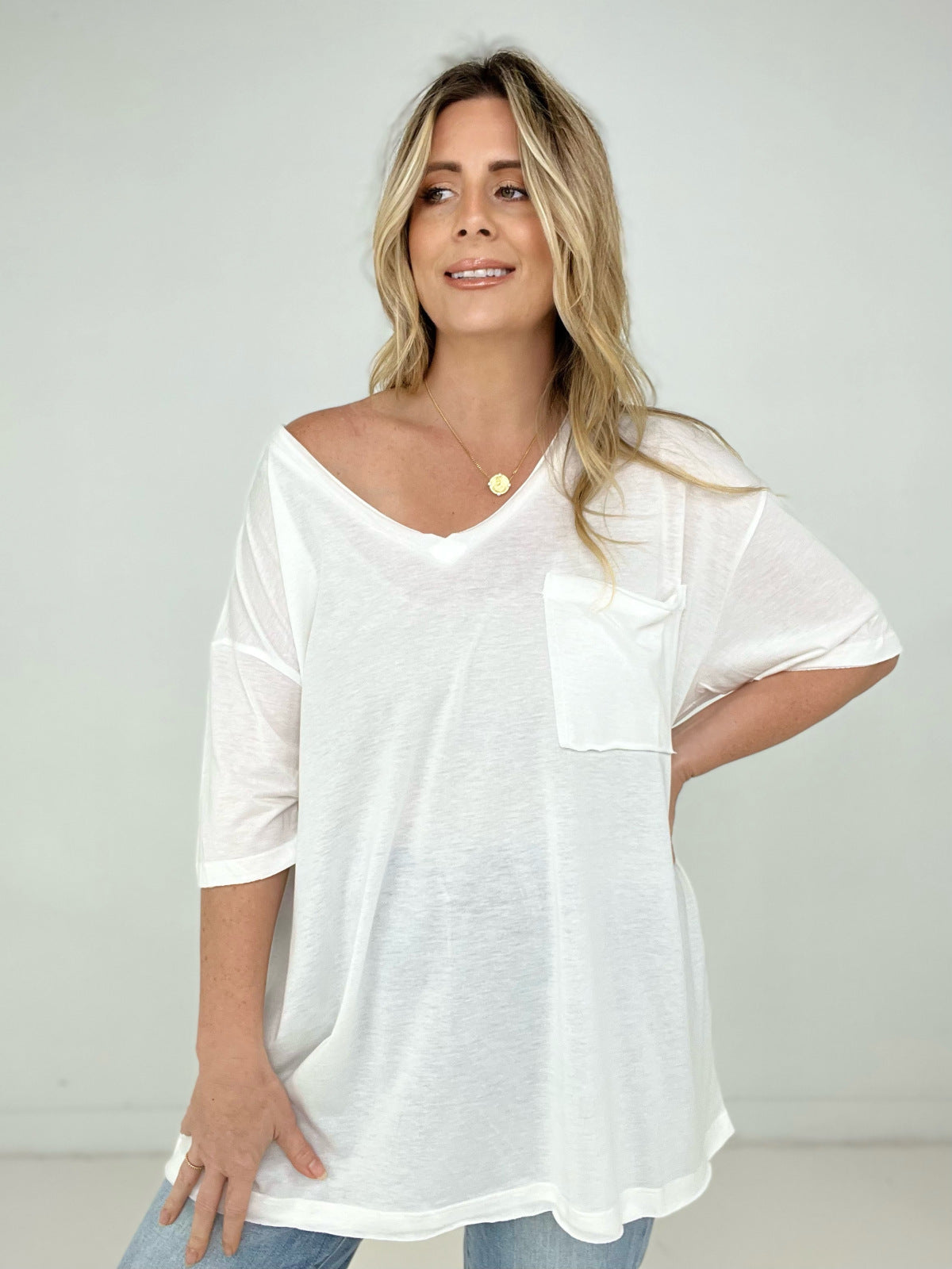 Zenana "Allie" Tri Blend Oversized Front Pocket Boyfriend Tee