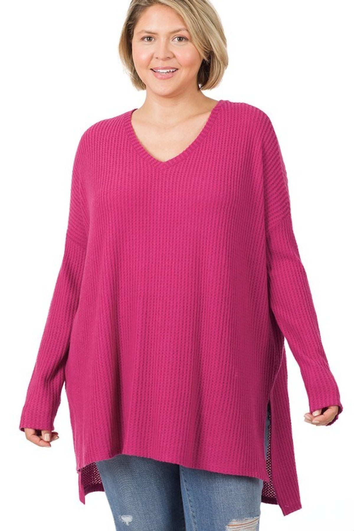 Zenana Plus Brushed Thermal Waffle V-Neck Sweater