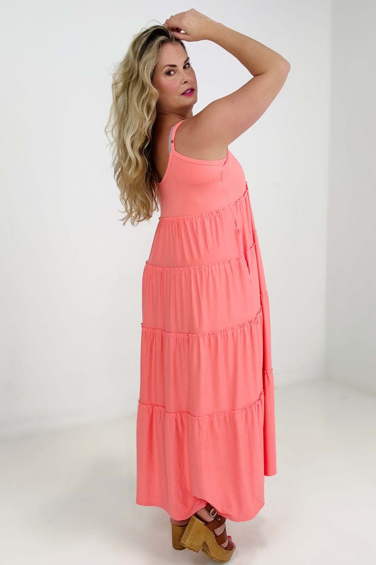 New Colors - Zenana V-Neck Cami Maxi Tiered Dress with Side Pockets