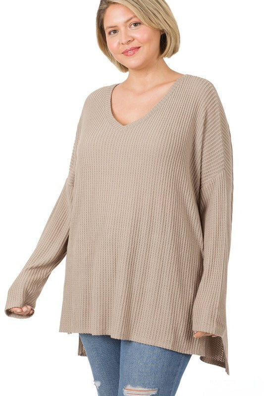 Zenana Plus Brushed Thermal Waffle V-Neck Sweater