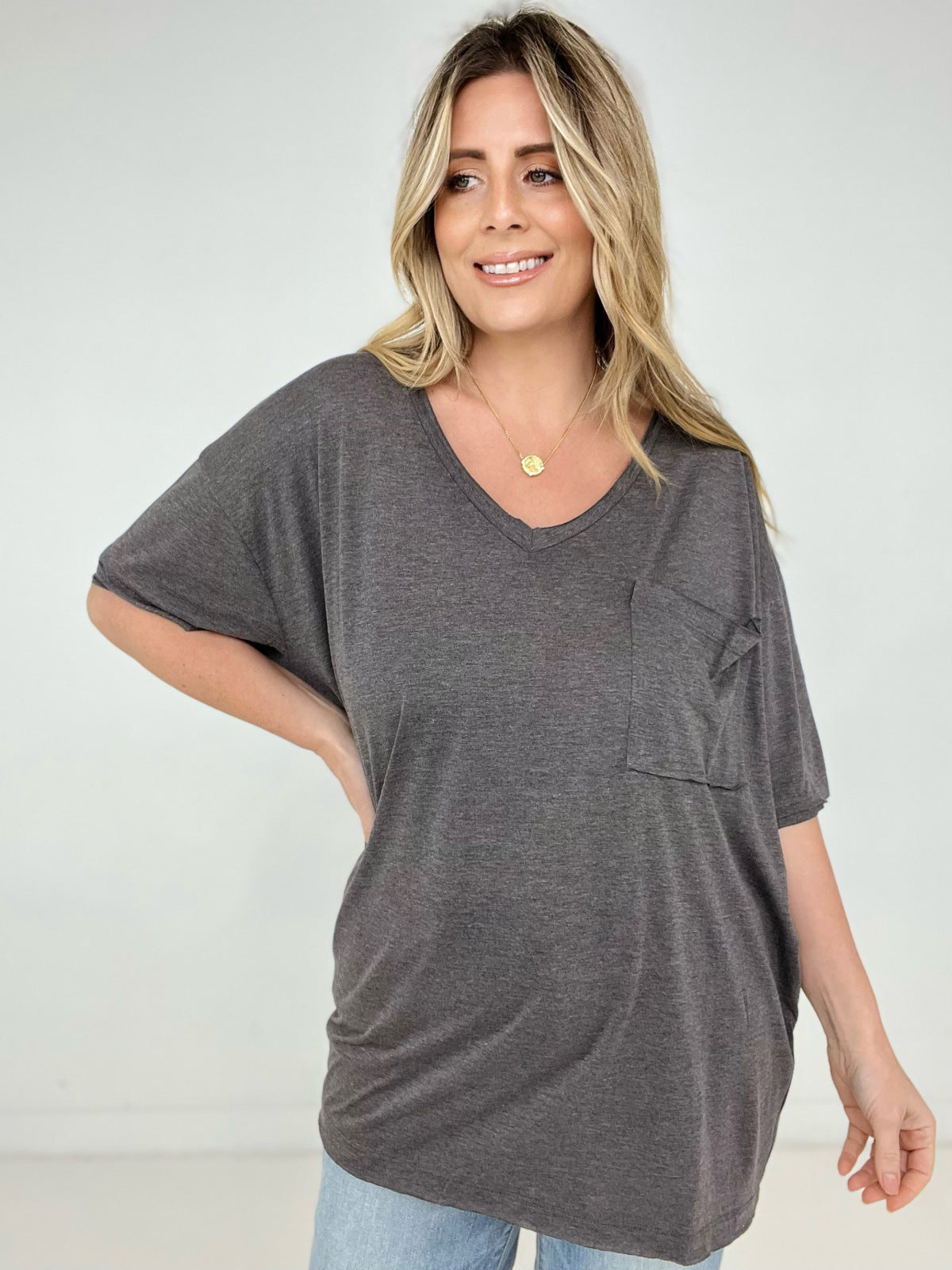 Zenana "Allie" Tri Blend Oversized Front Pocket Boyfriend Tee