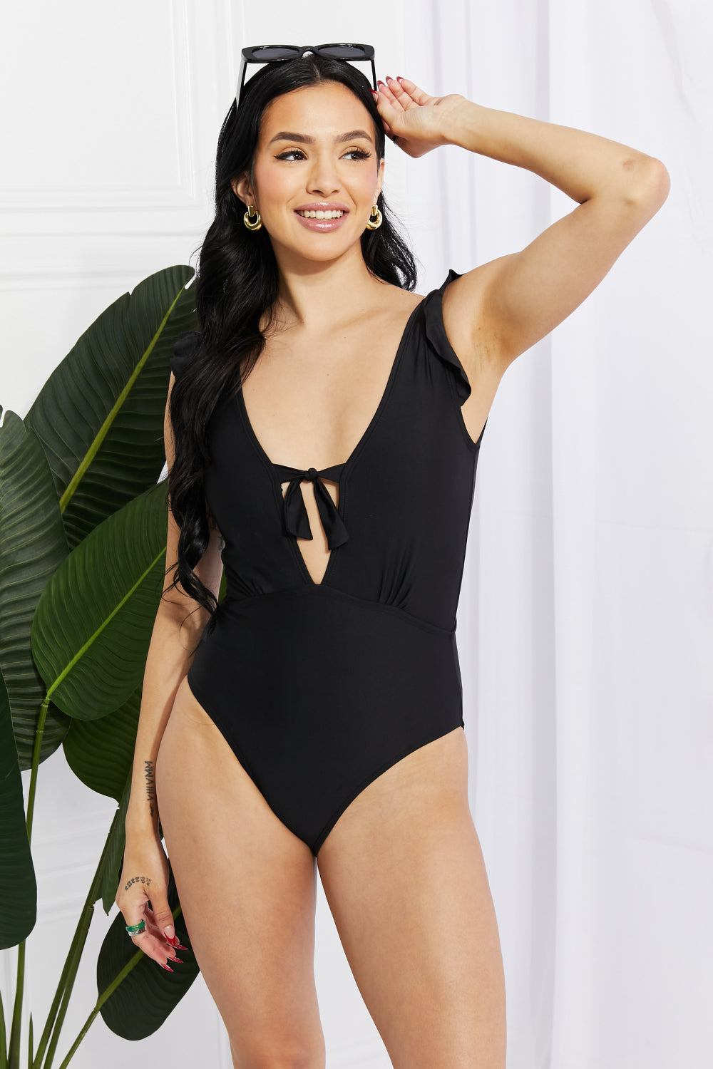 Marina West Swim Seashell Ruffle Sleeve One-Piece in Black