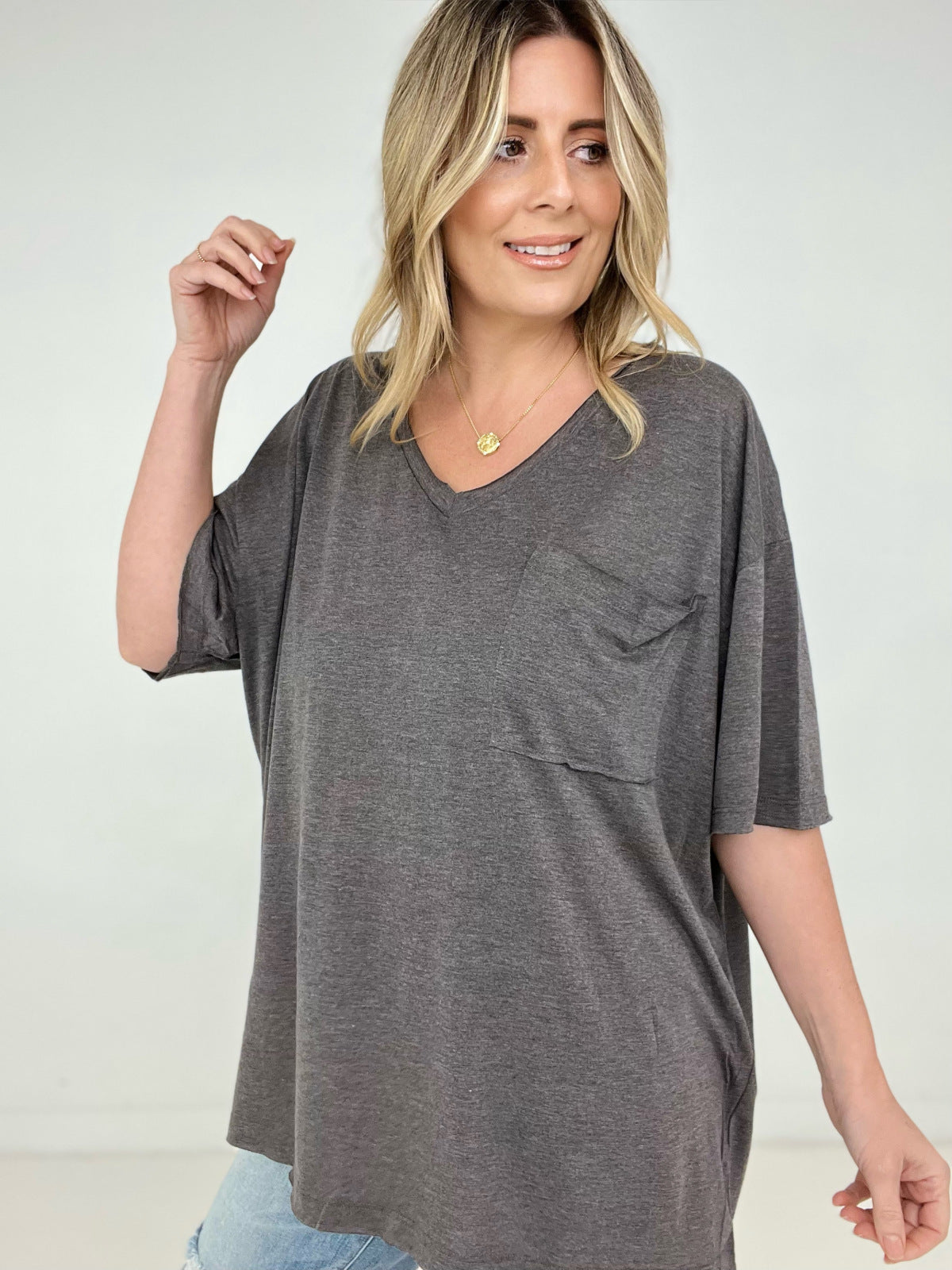 Zenana "Allie" Tri Blend Oversized Front Pocket Boyfriend Tee