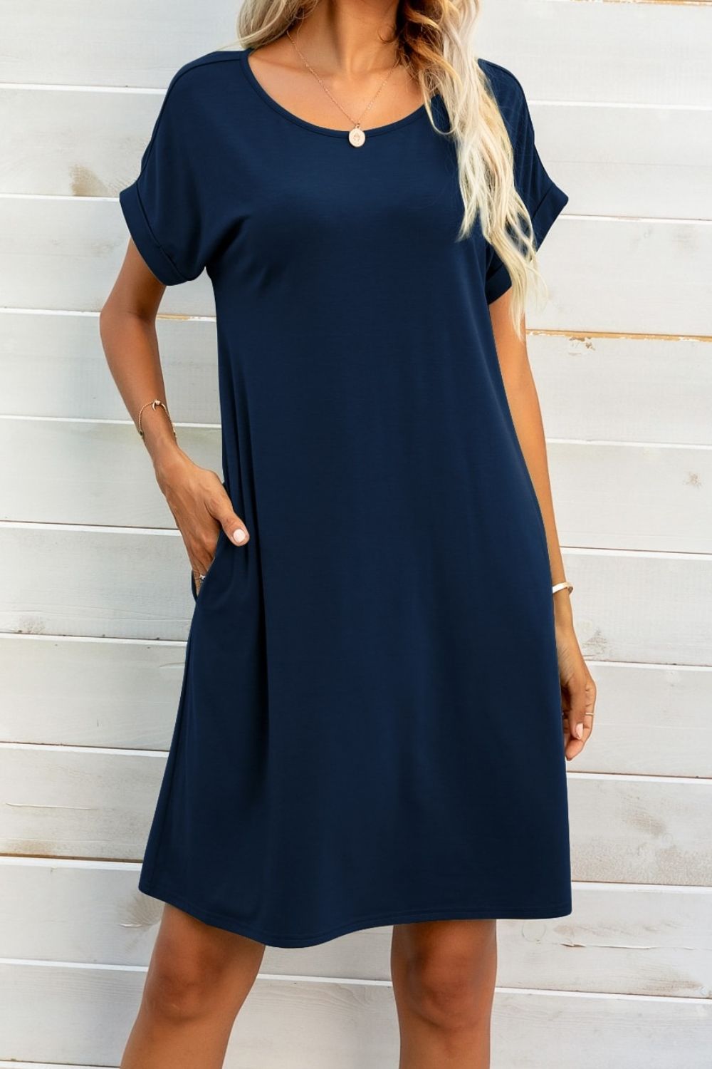 Scoop Neck Short Sleeve Pocket Dress