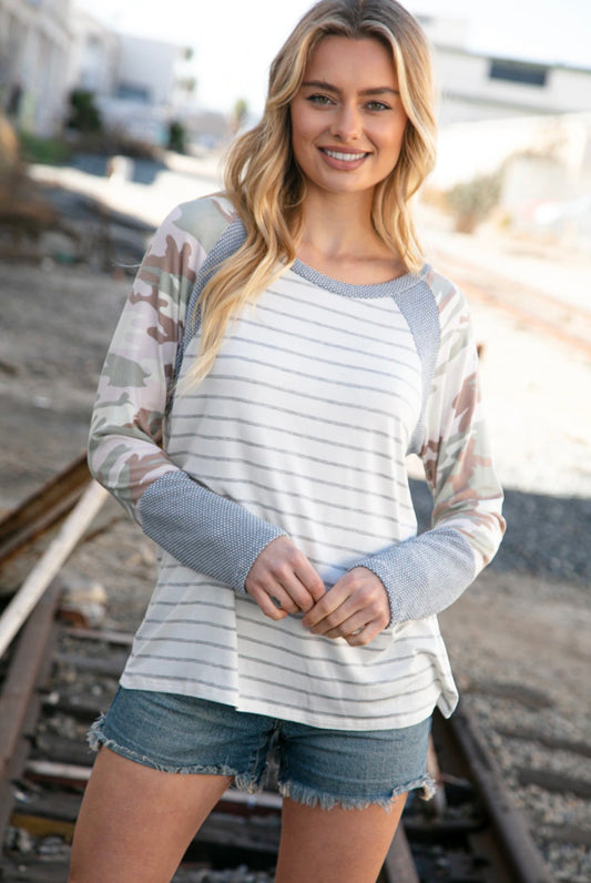 GREY STRIPE TEXTURED KNIT CAMO RAGLAN TOP