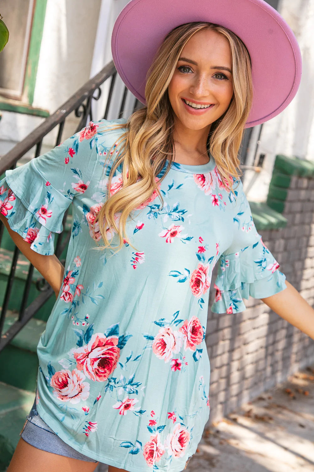 MINT FLORAL DOUBLE RUFFLE SLEEVE TUNIC TOP