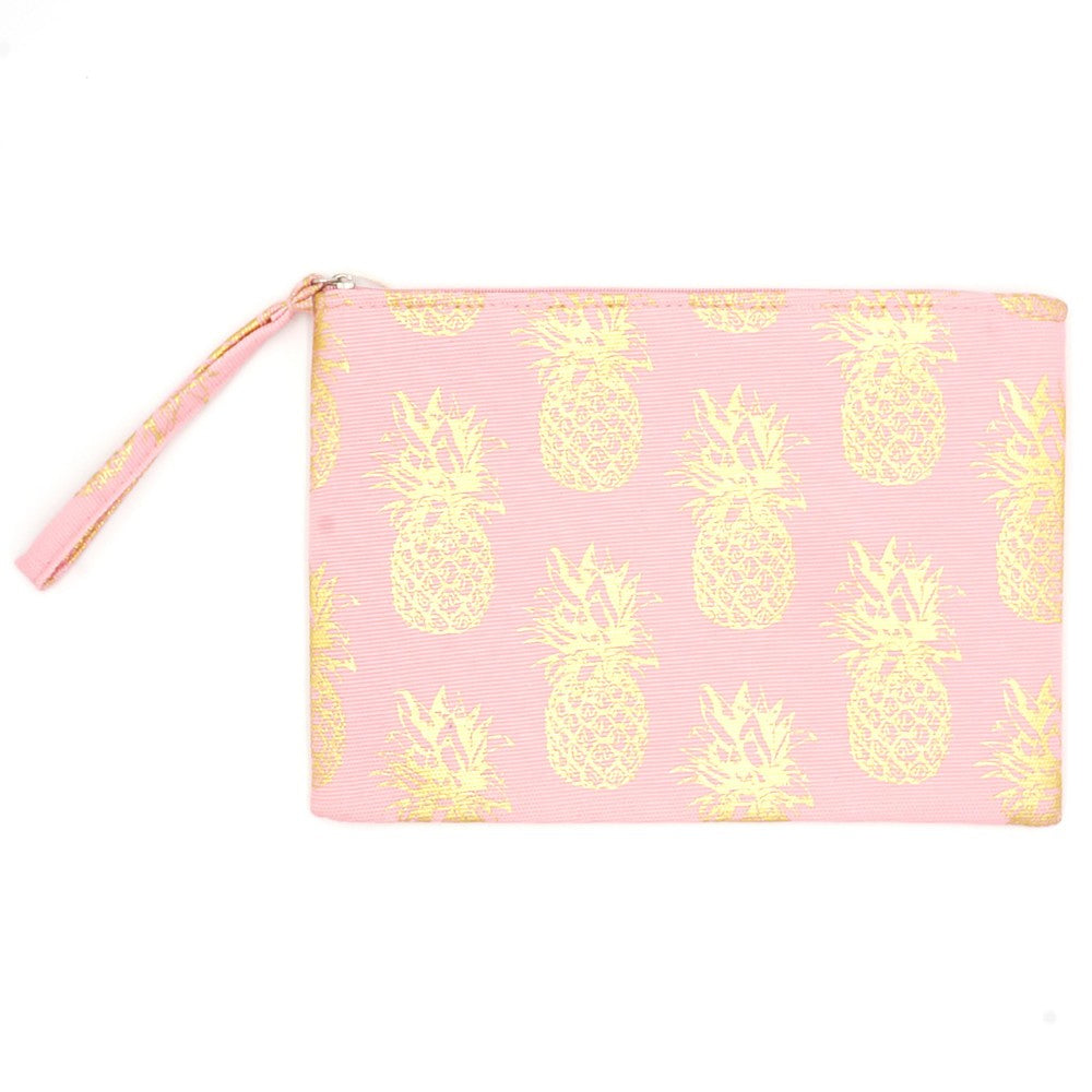 Metallic Pineapple Print Canvas Travel Pouch Wristlet