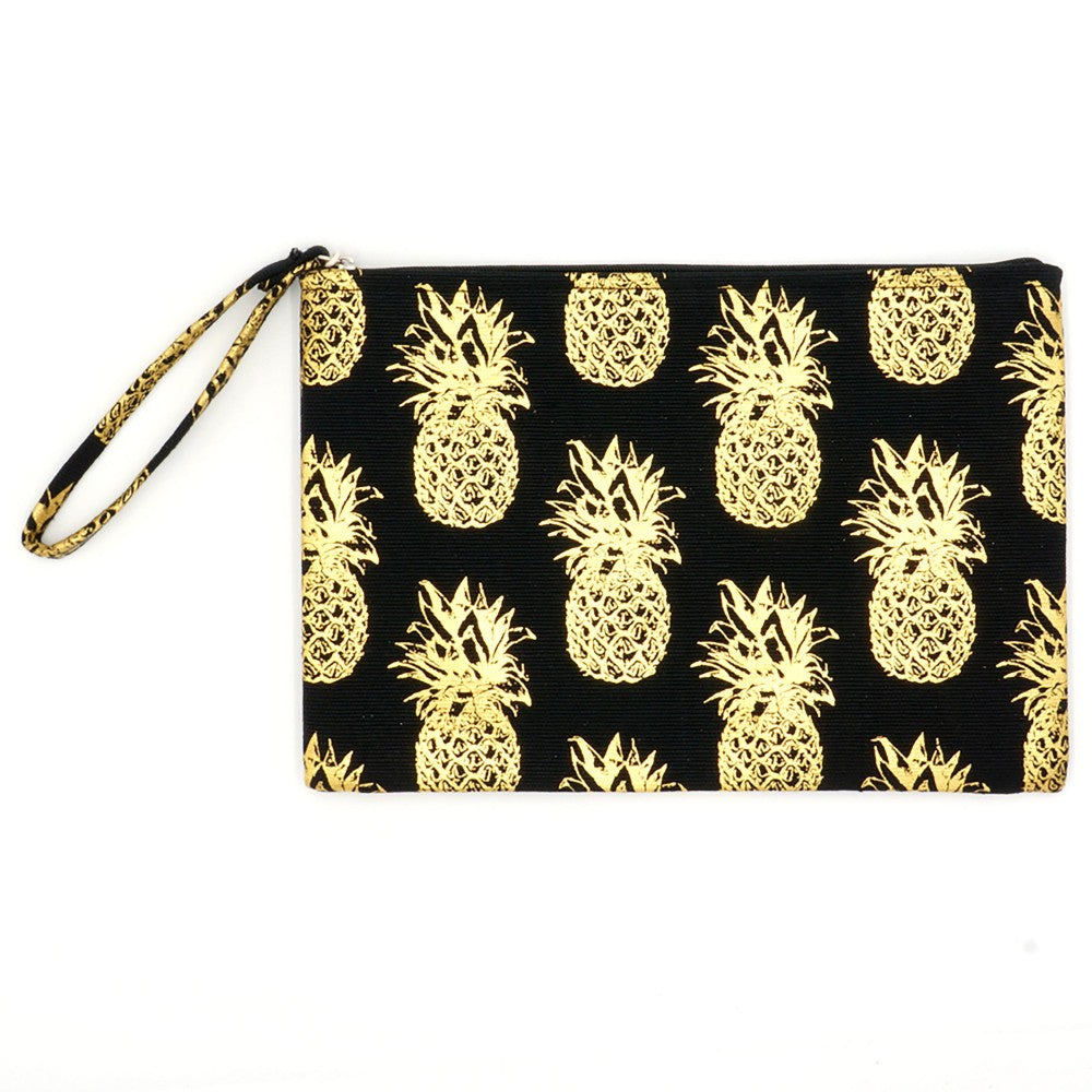 Metallic Pineapple Print Canvas Travel Pouch Wristlet