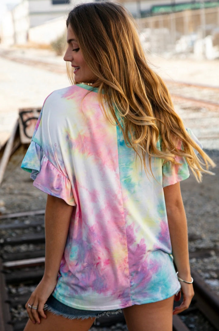 TIE DYE DOLMAN RUFFLE TOP WITH POCKET