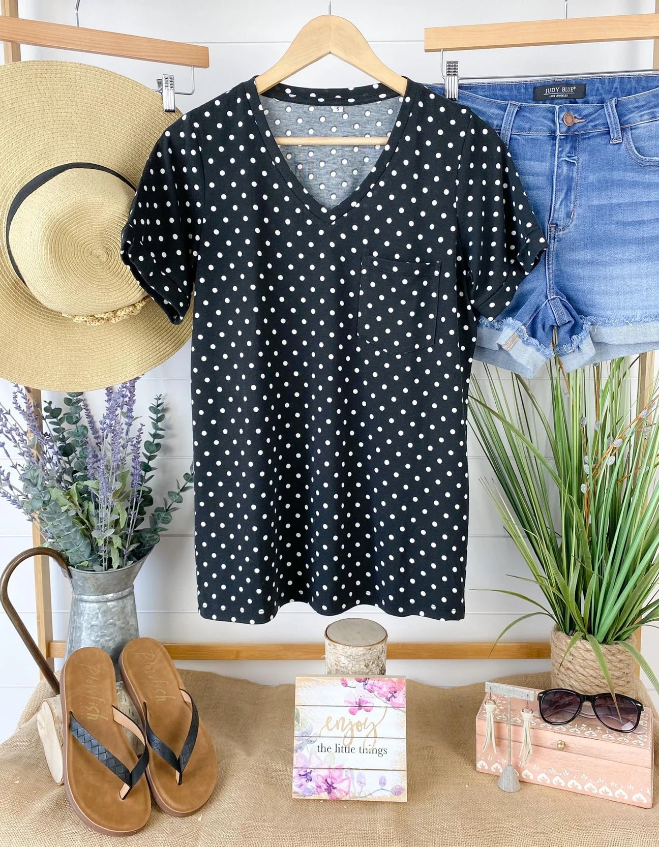 Sophie Pocket Tee- Black Polka Dot