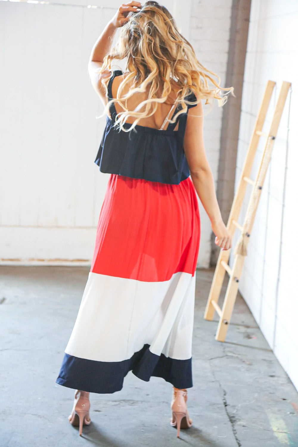 NAVY & RED COLOR BLOCK TIERED SHOULDER TIE RUFFLE MAXI DRESS